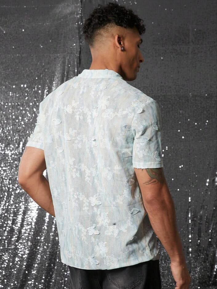 Uptown Funky Gradient Mesh Fabric Turndown Collar Loose Fit Short Sleeve Casual Shirt